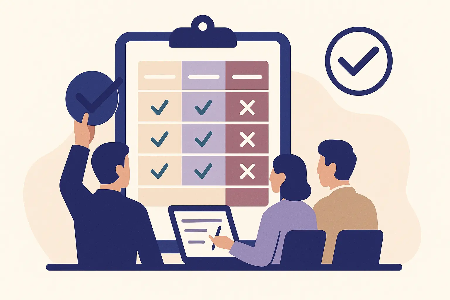 Illustration vectorielle d’un tableau de scoring validé par des responsables, symbolisant la définition et la validation des critères d’évaluation des tiers.