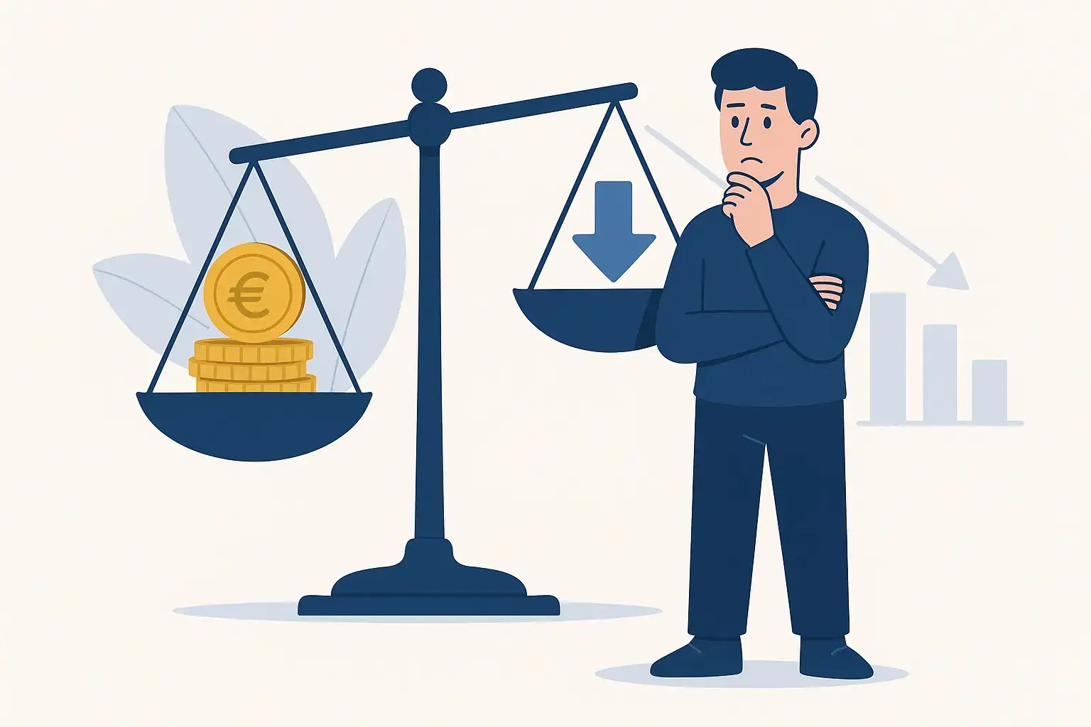 Illustration vectorielle d’une balance avec des pièces d’euro et une flèche descendante, symbolisant l’impact financier des risques tiers.