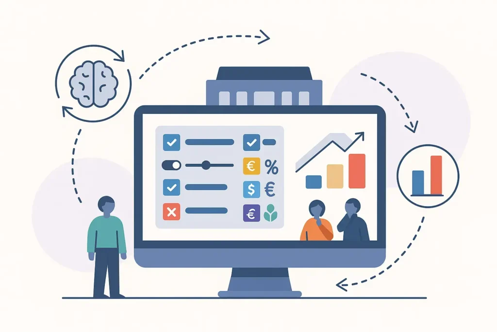 Vector illustration of a software screen displaying filters, risk criteria, and graphs, symbolizing the analysis and classification of third parties with digital tools.
