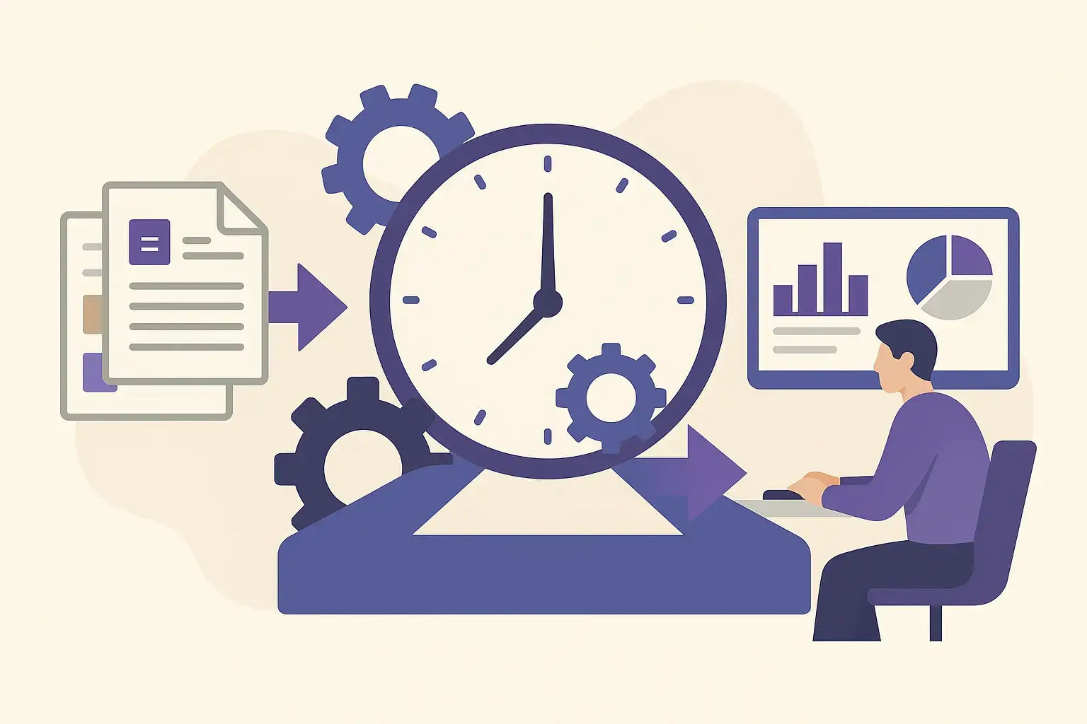 Illustration vectorielle d’une horloge entourée d’engrenages, reliant des tâches administratives automatisées à un collaborateur concentré sur l’analyse stratégique.