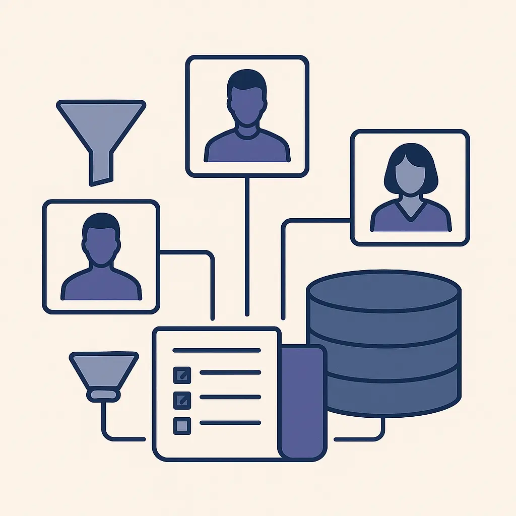 Illustration vectorielle d’une base de données reliée à plusieurs profils et icônes de filtres, symbolisant l’identification et le dédoublonnage des tiers.