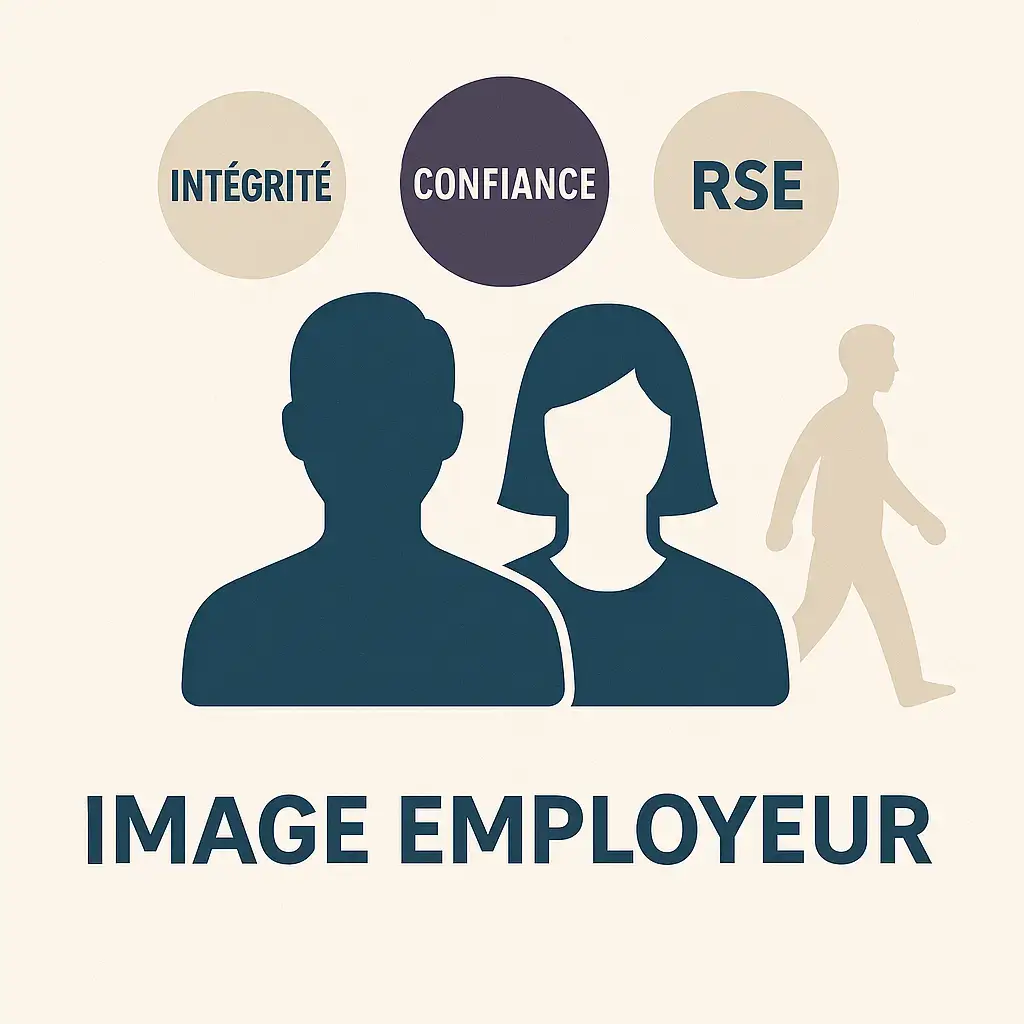 Illustration vectorielle de collaborateurs avec des valeurs affichées (intégrité, confiance, RSE), symbolisant l’impact des tiers sur l’image employeur.