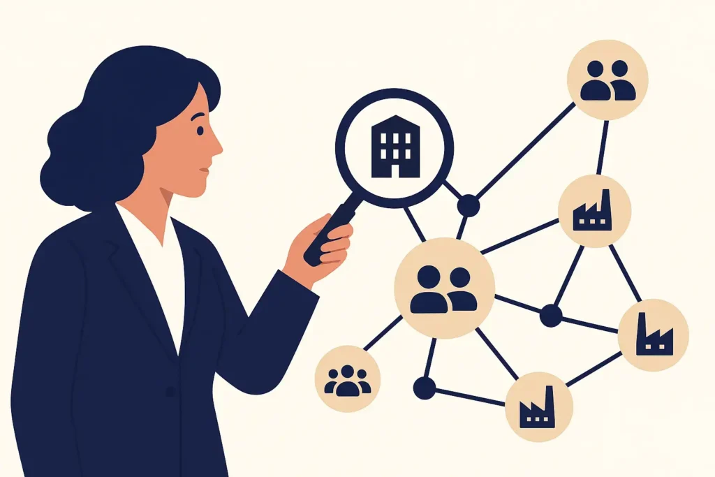 Vector illustration of a female executive examining a partner network with a magnifying glass to illustrate third-party assessment challenges.