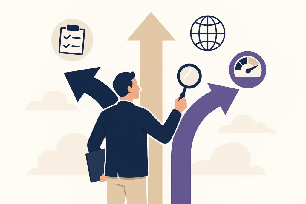 Vector illustration of a professional at a crossroads with multiple arrows, symbolizing different third-party assessment methods.