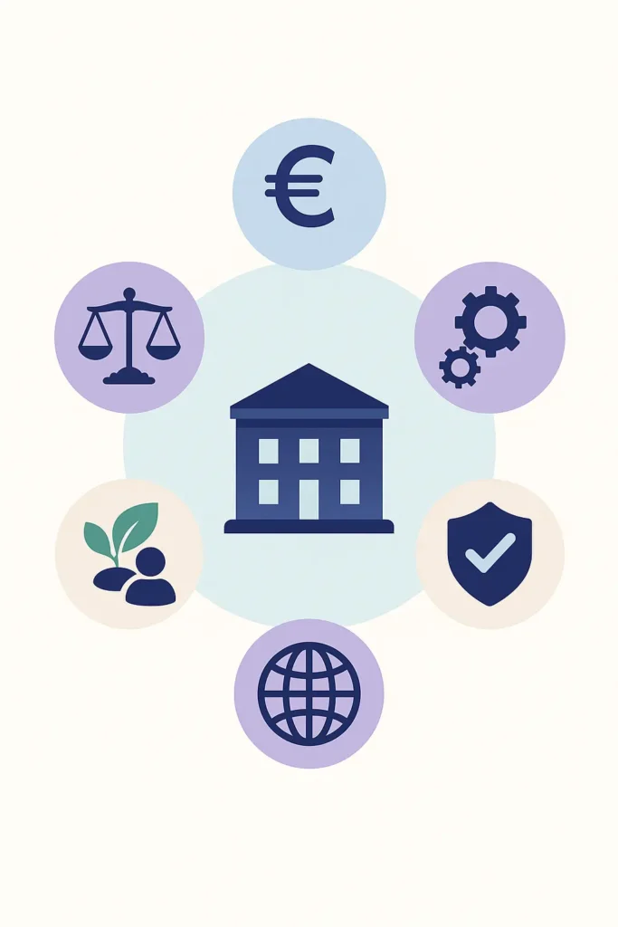 Vector illustration of an organization surrounded by icons representing the main third-party risk natures: financial, operational, legal, ESG, IT, and geographical.