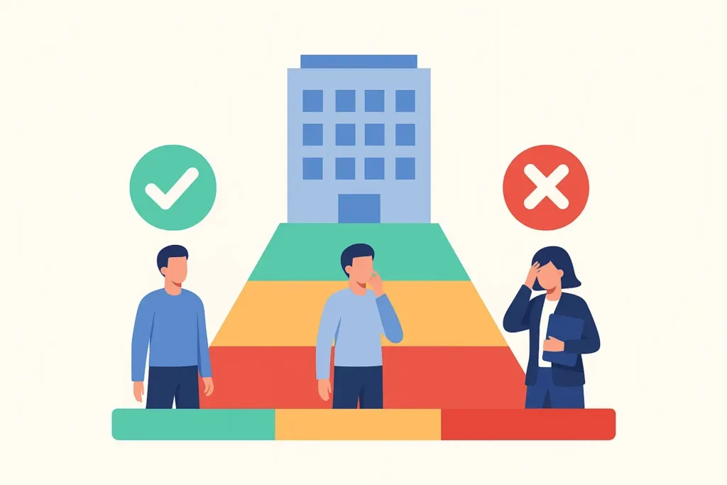 Horizontal vector illustration of a colored pyramid representing three risk levels (low, moderate, high) for third-party assessment.
