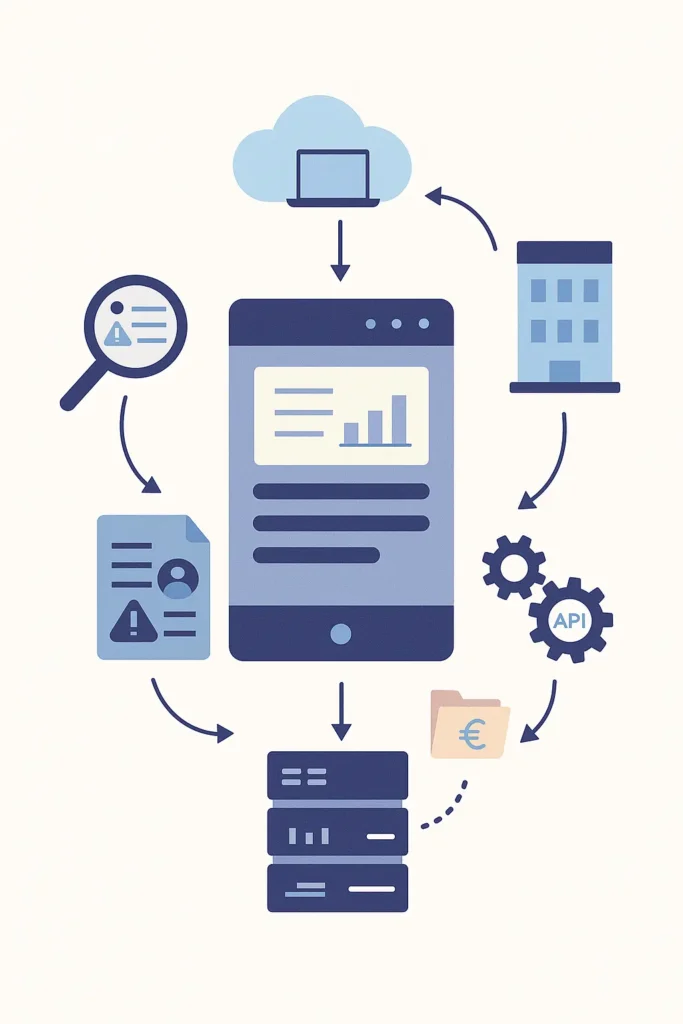 Vertical vector illustration representing different digital third-party assessment tools (SaaS, TPRM/GRC, screening, API integration).