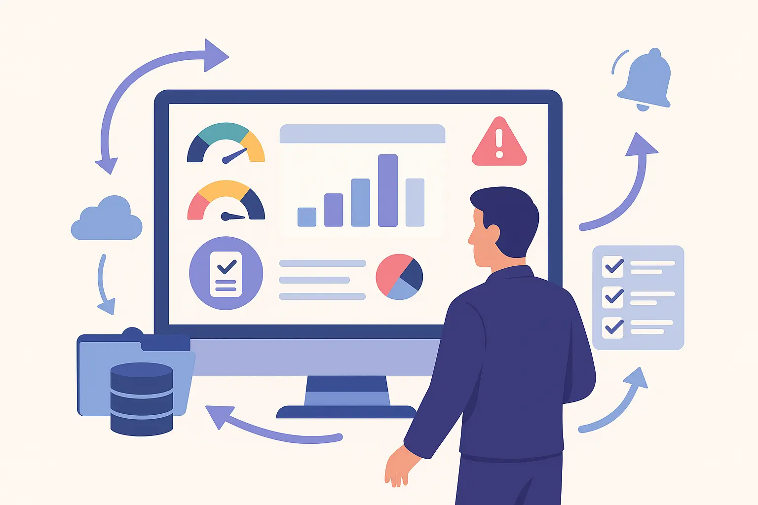 Illustration vectorielle d’un tableau de bord numérique avec indicateurs de risque, alertes et reporting, symbolisant un pilotage optimisé de l’évaluation des tiers.