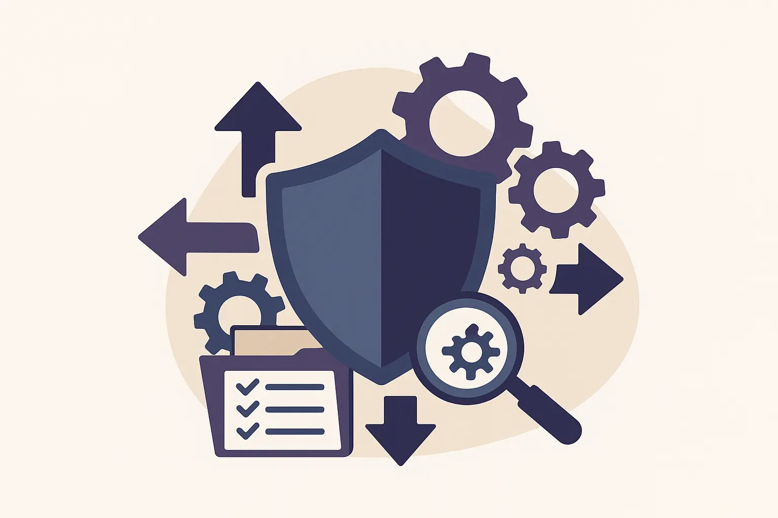 Illustration vectorielle d’un bouclier entouré d’engrenages et de flèches, représentant la mise en place de mesures de prévention, remédiation et mitigation des risques tiers.