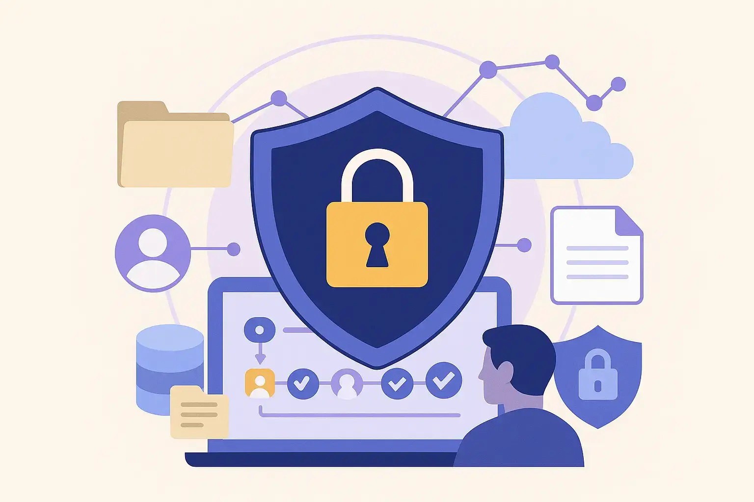 Illustration vectorielle d’un bouclier et d’un cadenas entourés d’icônes de données, symbolisant la protection renforcée des informations dans l’évaluation des tiers.