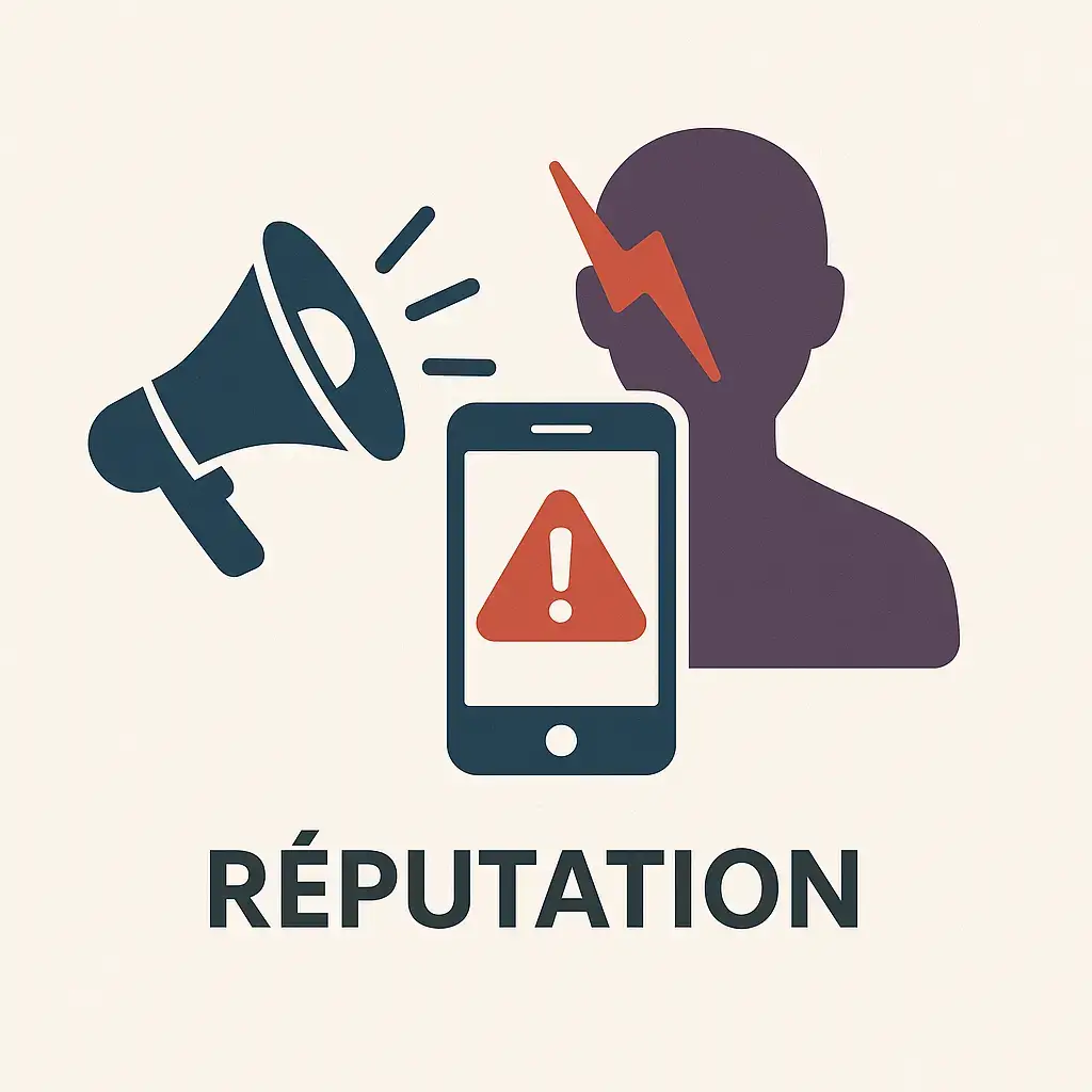 Illustration vectorielle d’un mégaphone et d’un smartphone diffusant une alerte, symbolisant l’impact réputationnel des risques tiers.