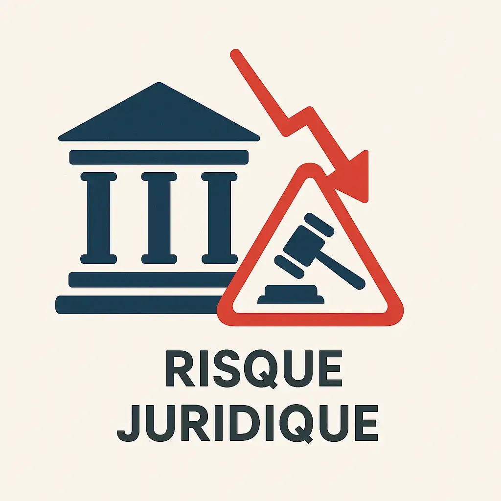 Illustration vectorielle d’un tribunal et d’un panneau d’alerte avec un marteau de juge, symbolisant le risque juridique lié aux tiers.