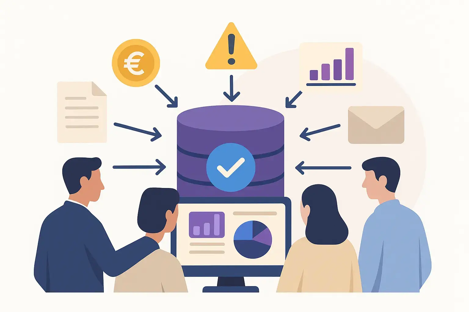 Illustration vectorielle horizontale d’une base de données centralisée connectée à des documents, finances et alertes, symbolisant une source d’informations unique et fiable.