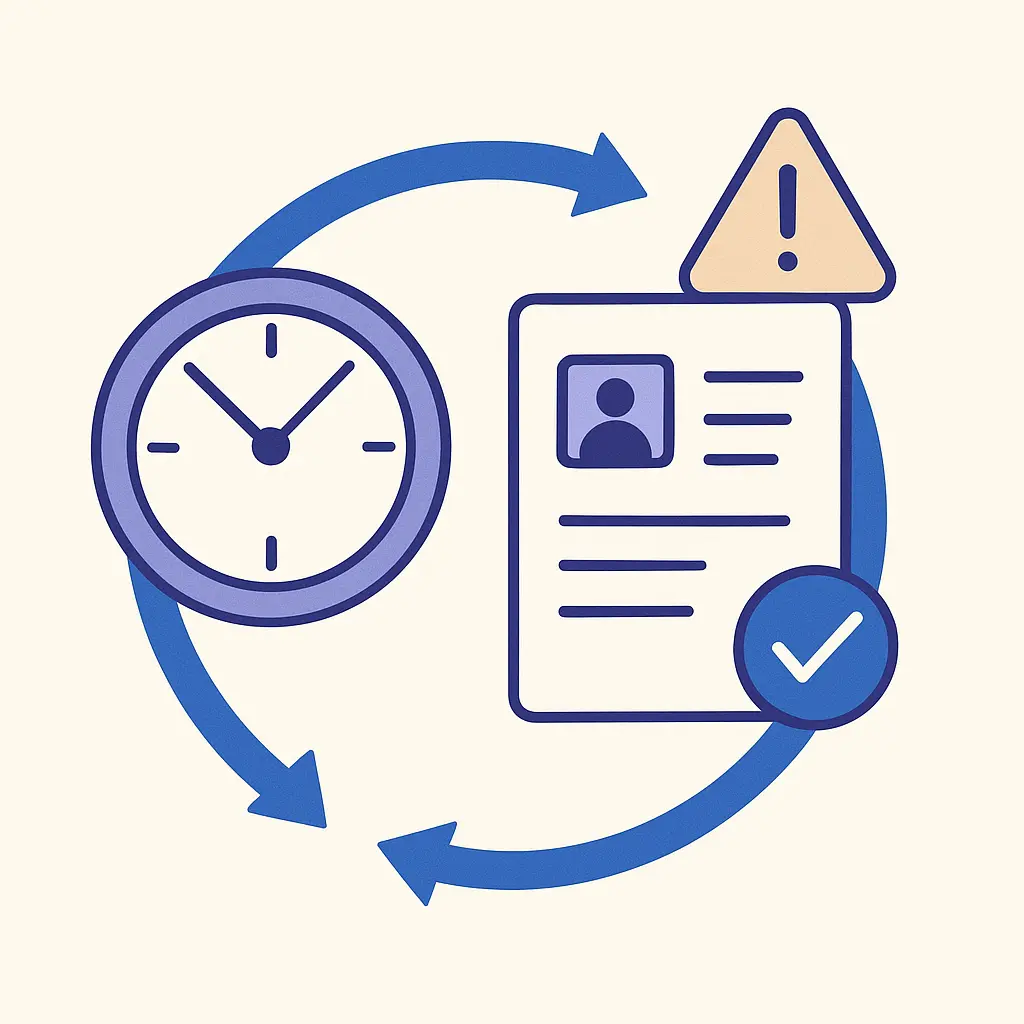 Illustration vectorielle d’un cycle circulaire avec horloge et document de suivi, symbolisant la réévaluation et le renouvellement des tiers.