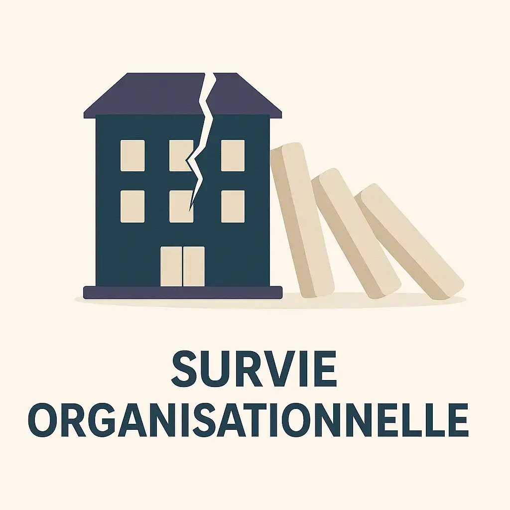 Illustration vectorielle d’un bâtiment fissuré menacé par une chute de dominos, symbolisant la survie organisationnelle face aux risques tiers.