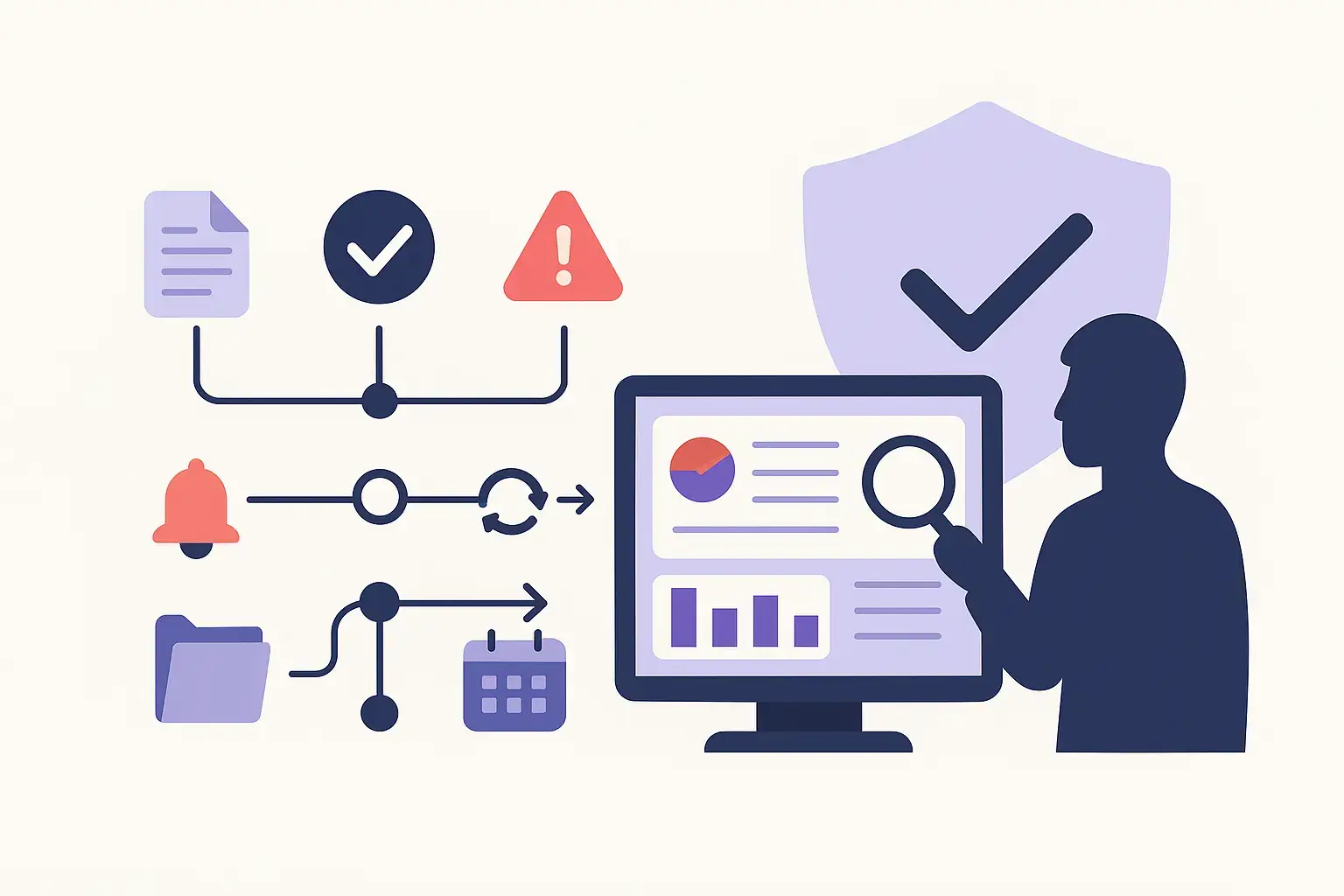 Illustration vectorielle d’une timeline numérique avec documents, validations, alertes et revues, symbolisant la traçabilité des tiers et des risques.