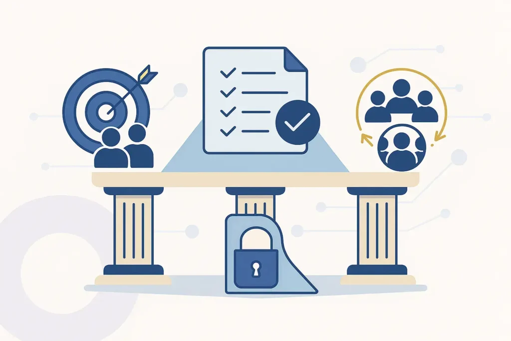 Horizontal vector illustration representing three pillars: committed governance, shared reference framework, and collective awareness.