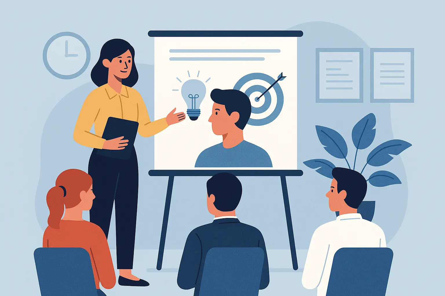Illustration d’une formation en entreprise sur la prévention des conflits d’intérêts, avec une formatrice et des collaborateurs attentifs.
