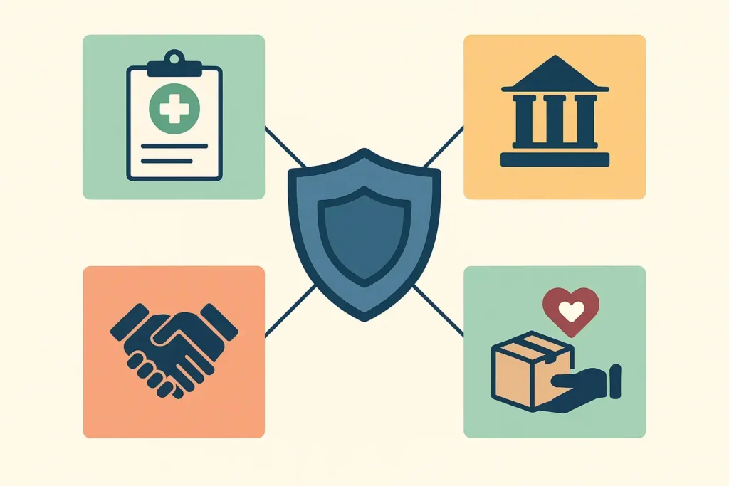 Vector illustration representing different industry sectors connected to risk management, with icons for healthcare, the public sector, private companies, associations, and social housing providers.