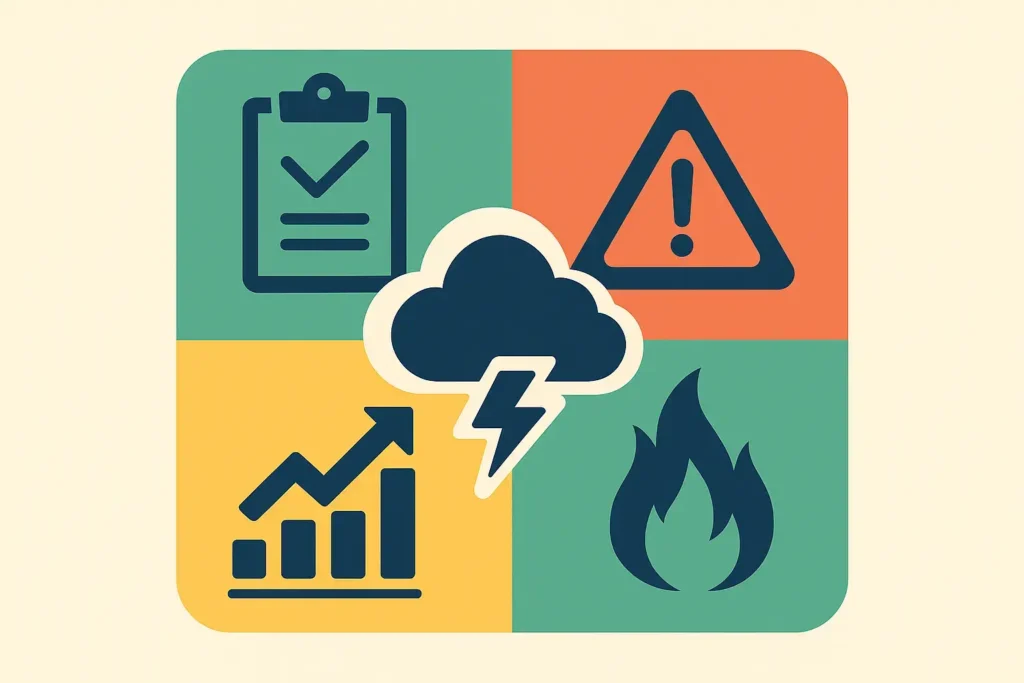 Vector illustration of the different risk types—financial, operational, strategic, compliance and reputational—with pictograms of a chart, alert, flame and cloud.