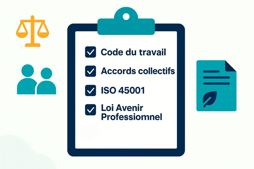 Illustration of HR regulatory and normative frameworks: Labor Code, collective agreements, ISO 45001, and Professional Future Act.