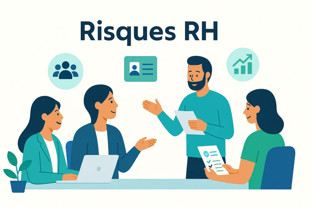 Illustration of HR risks with a team of employees in discussion, symbolizing performance, compliance, and social climate within the company.