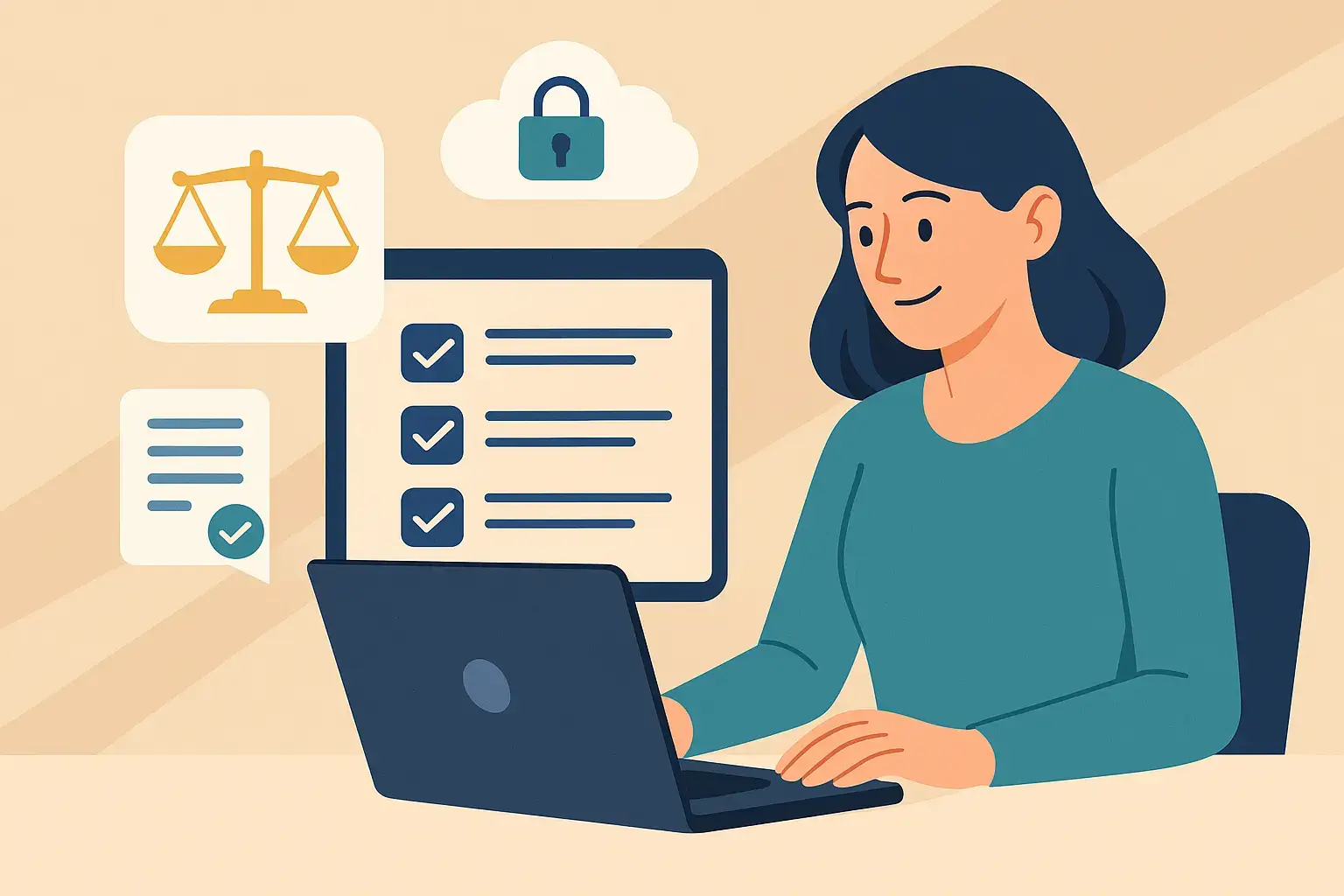 Illustration d’une femme utilisant un outil numérique pour gérer les conflits d’intérêts, avec une balance de justice, un cadenas cloud et une checklist.