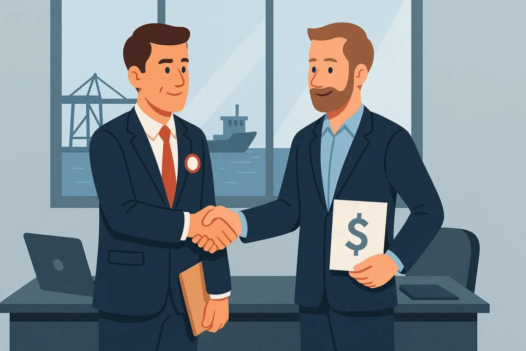 Illustration of a public official favoring a company with which they have a personal interest, symbolizing an illegal taking of interest in the public sector.