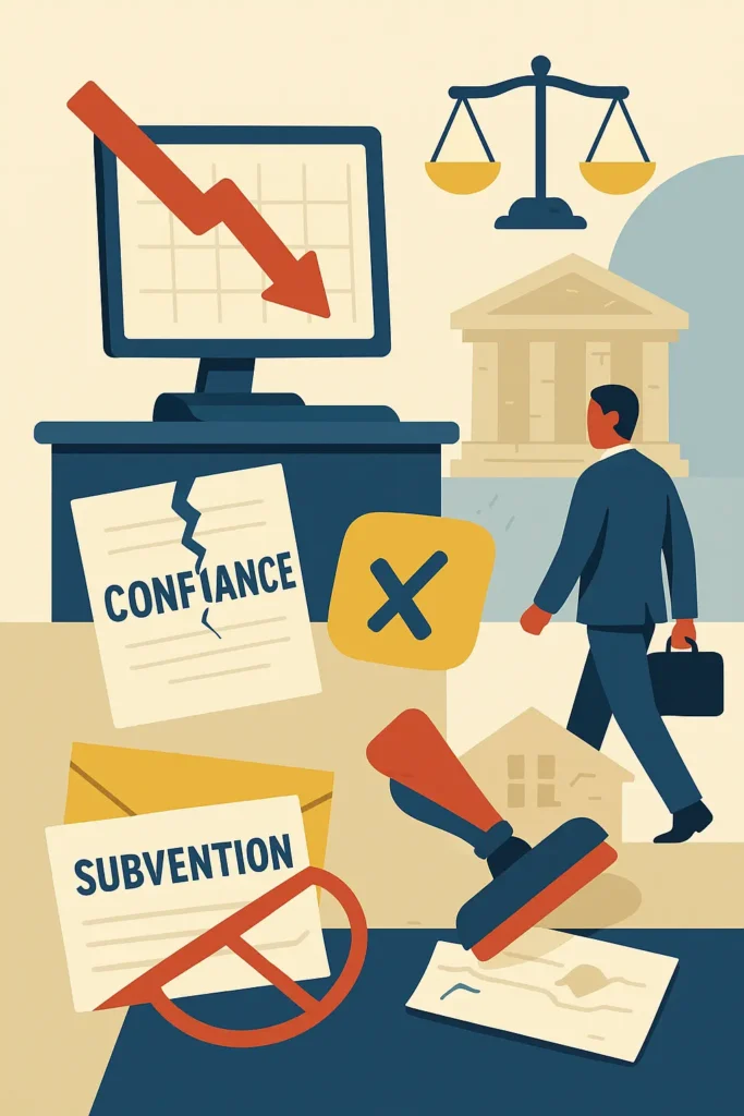 Illustration showing the consequences of a conflict of interest on a company: loss of trust, economic imbalance, and withdrawal of partners.