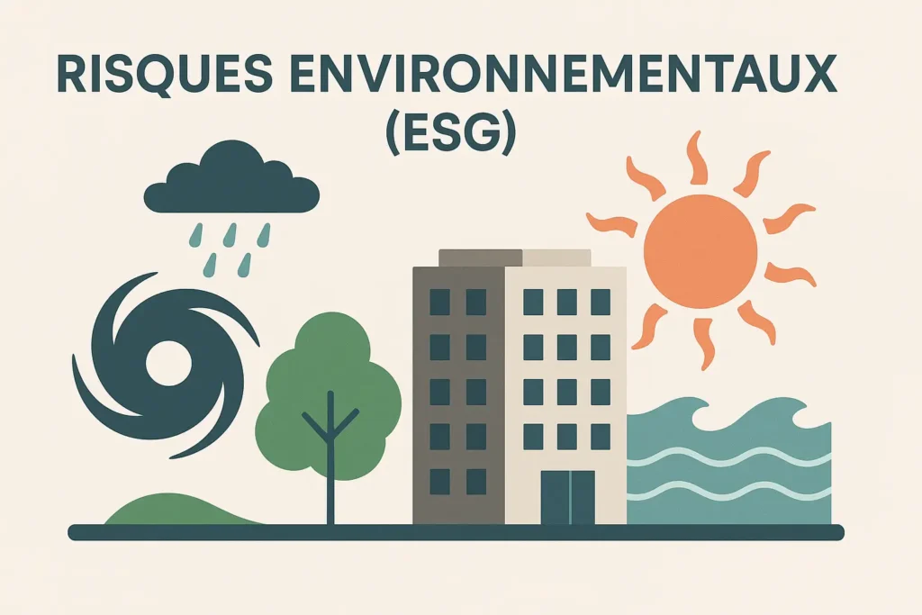 Illustration of environmental risks (ESG): company exposed to climate hazards, pollution, and sustainability issues.