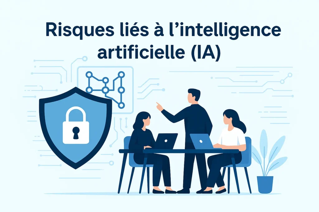 Vector illustration on risks related to artificial intelligence: security, compliance, ethics, and governance of AI systems.