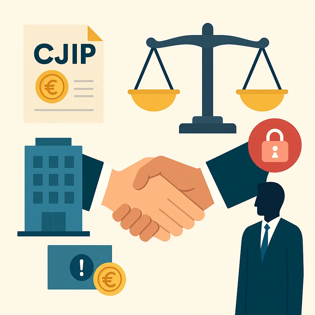 Illustration vectorielle représentant la justice transactionnelle dans le secteur privé : convention judiciaire d’intérêt public, amendes et sanctions individuelles.