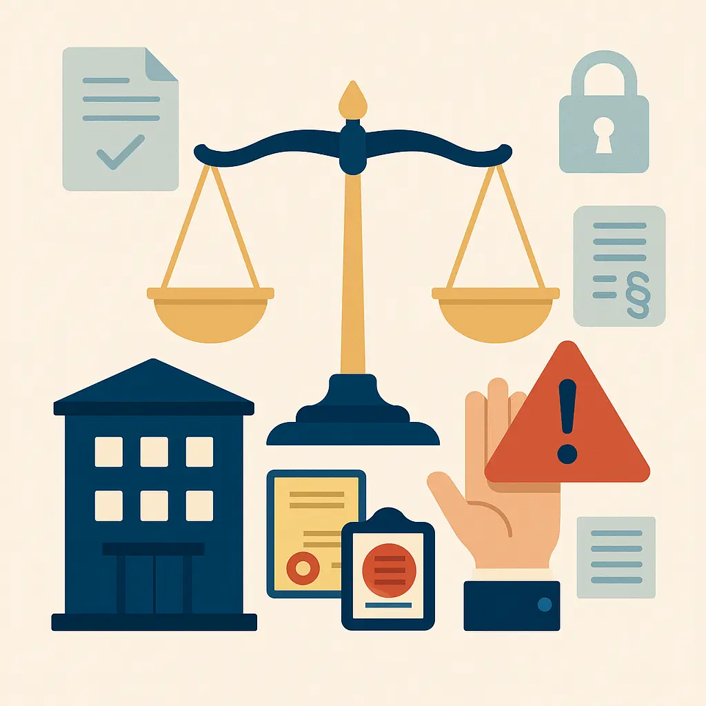 Vector illustration of scales of justice symbolizing penalties for conflicts of interest in companies, local authorities, and administrations.