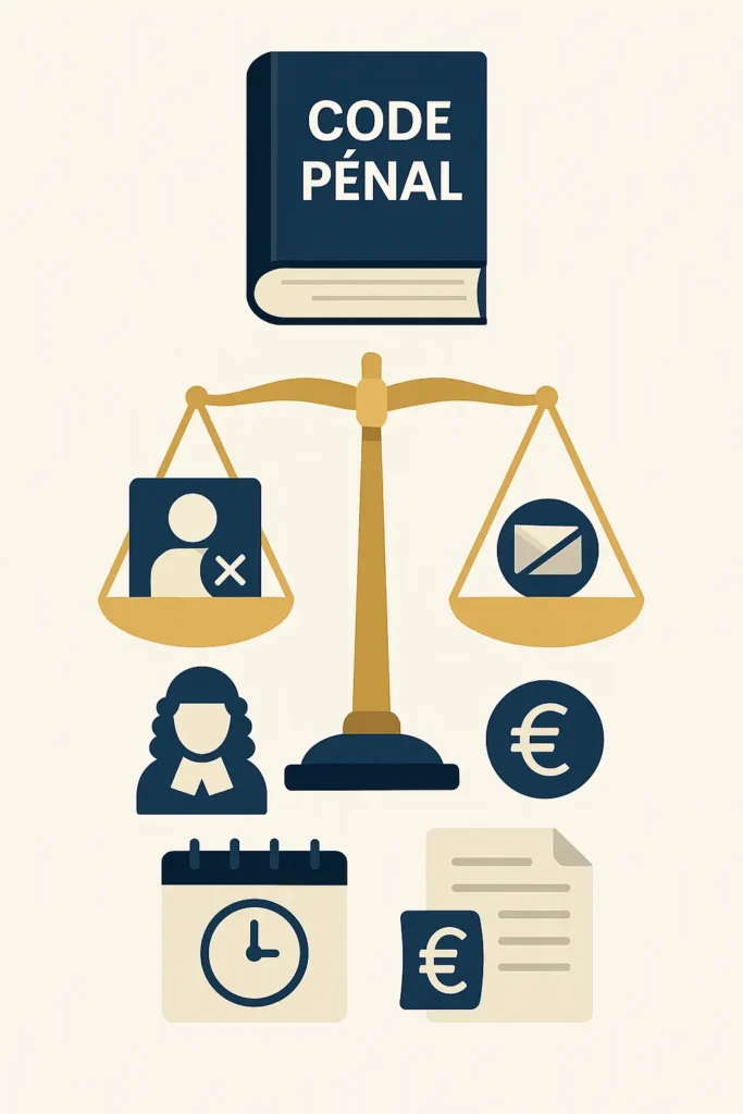 Vector illustration representing legal penalties for conflicts of interest: Criminal Code, prison sentences, fines, and symbols of justice.
