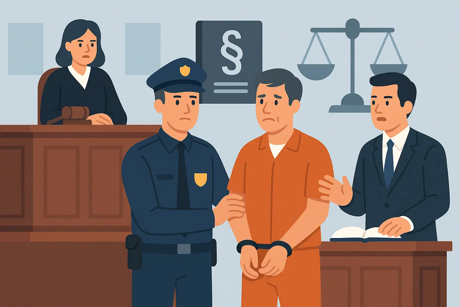 Illustration d’un agent public jugé pour conflit d’intérêts, avec juge, avocat et symbole de justice dans un tribunal.