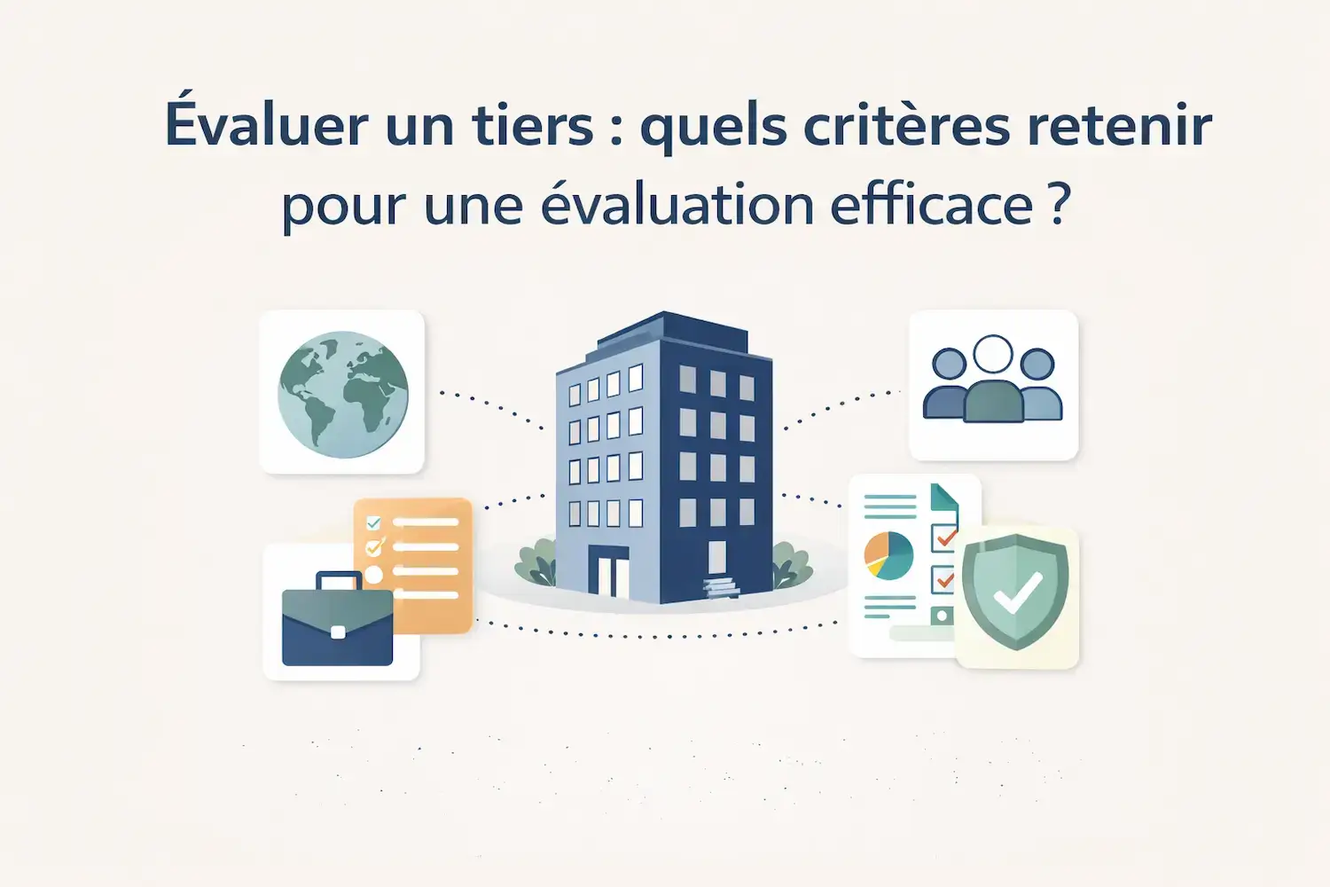 Évaluation des tiers : critères pour une analyse efficace Schéma illustrant les critères d’évaluation des tiers : pays, activité, conformité, relation commerciale et scoring