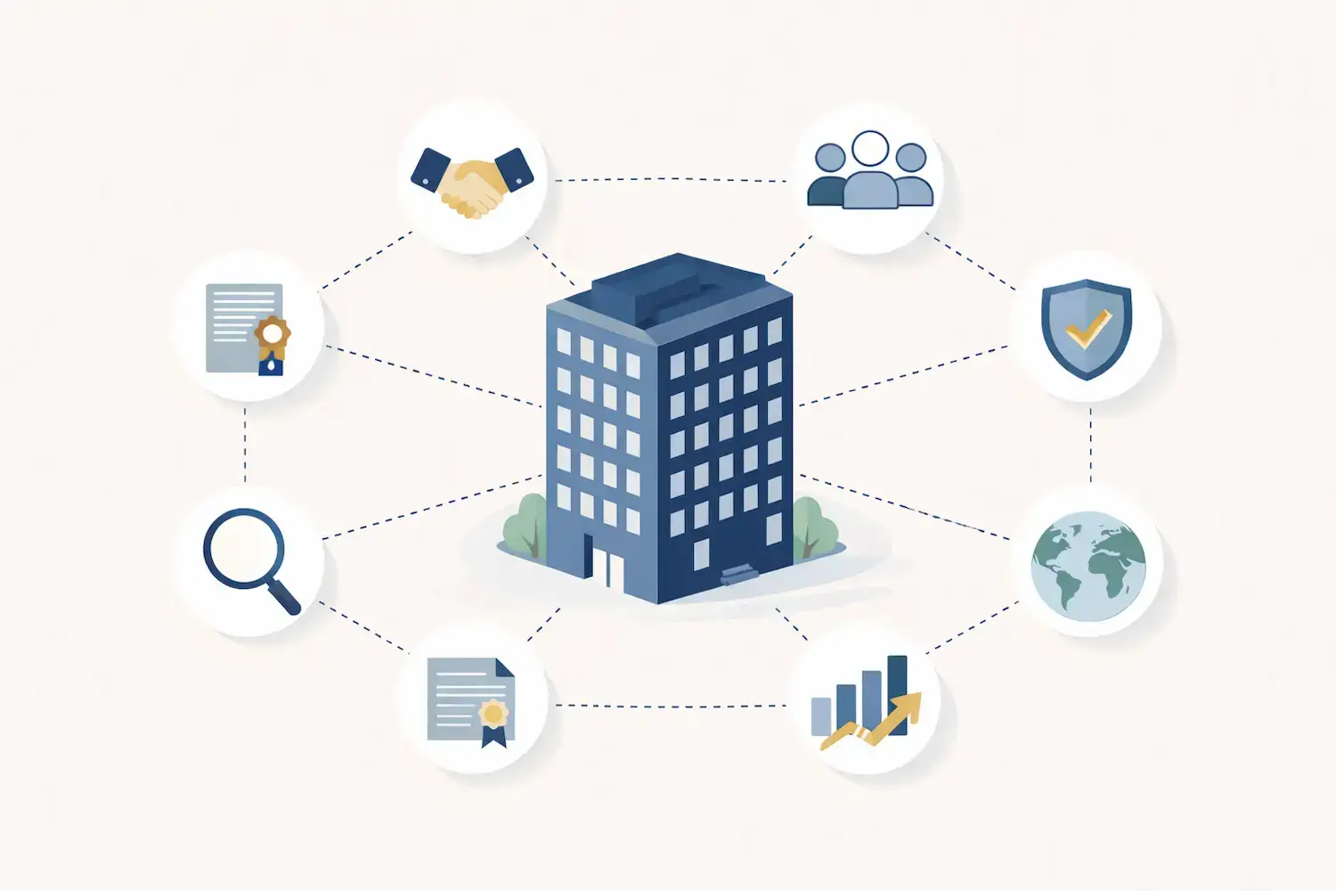 Typologie des tiers et cartographie des risques Illustration isométrique d’un bâtiment central relié à différents types de tiers et facteurs de risque dans un dispositif d’évaluation