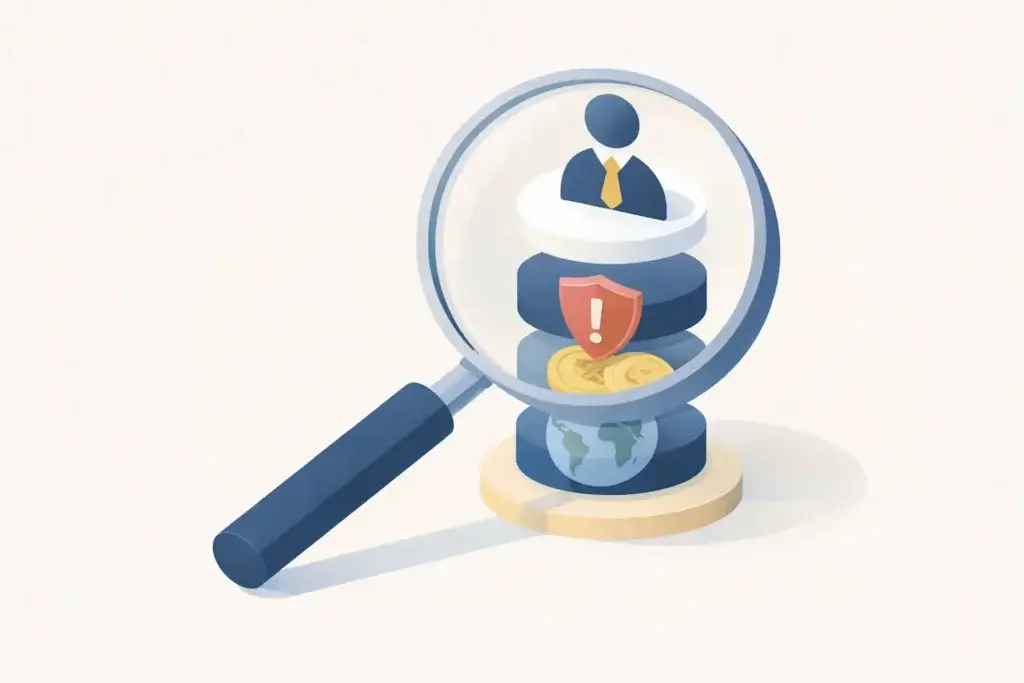 Illustration isométrique d’une loupe révélant les risques cachés derrière la typologie d’un prestataire dans un dispositif d’évaluation des tiers