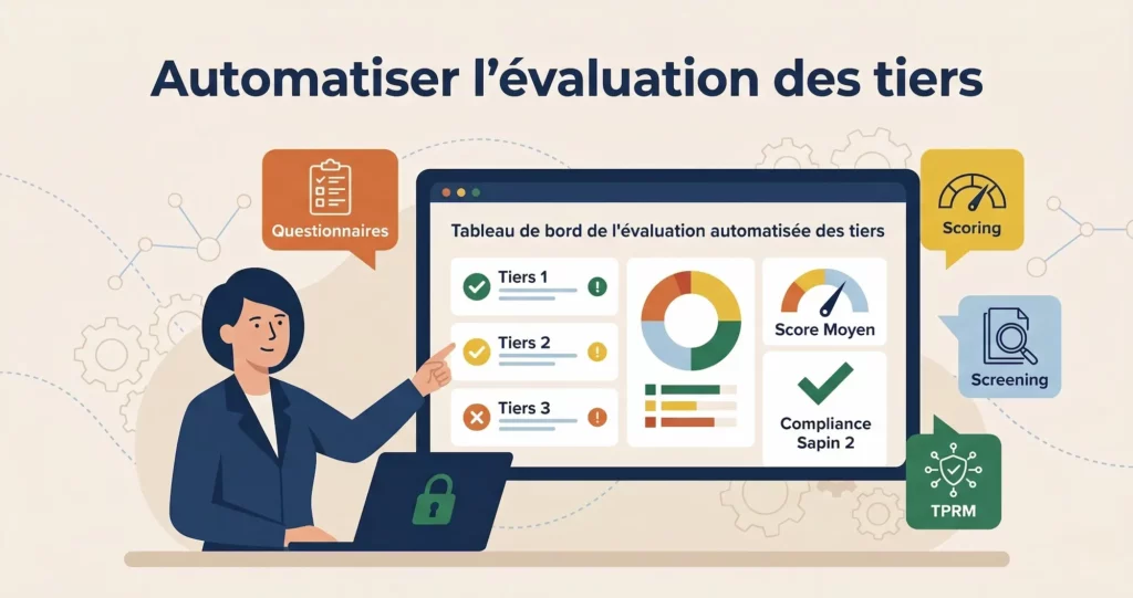 Schéma d'automatisation de l'évaluation des tiers : dashboard avec questionnaires, scoring, screening et TPRM