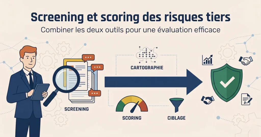 Schéma illustrant l'articulation entre screening des tiers et scoring des risques en 3 étapes : cartographie, scoring, ciblage