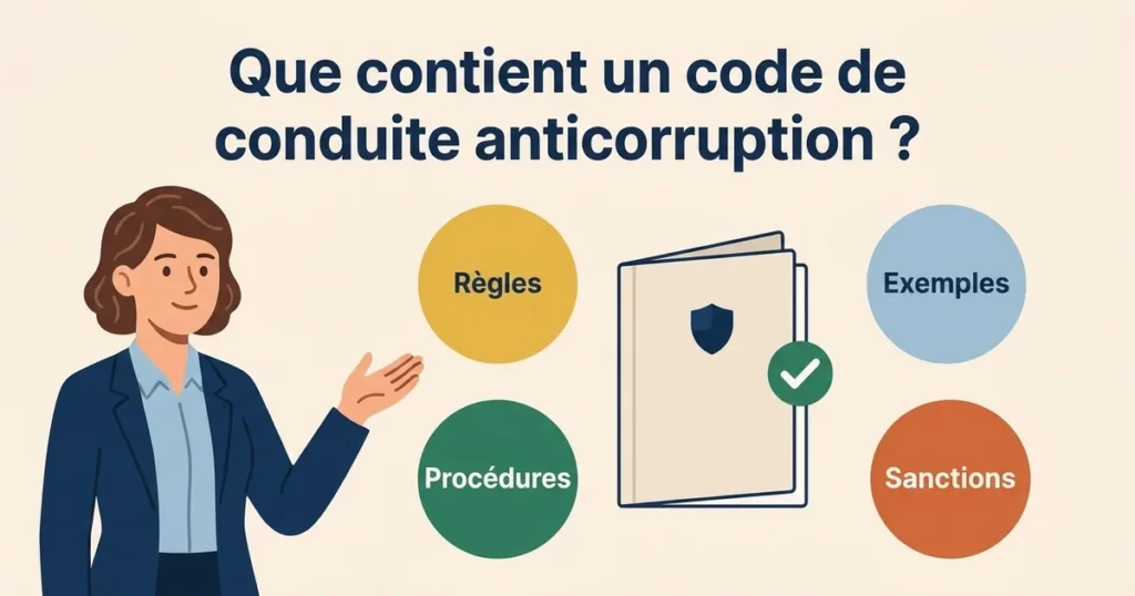 Illustration d'un code de conduite anticorruption et de ses composantes : règles, exemples, procédures et sanctions, avec une validation de conformité