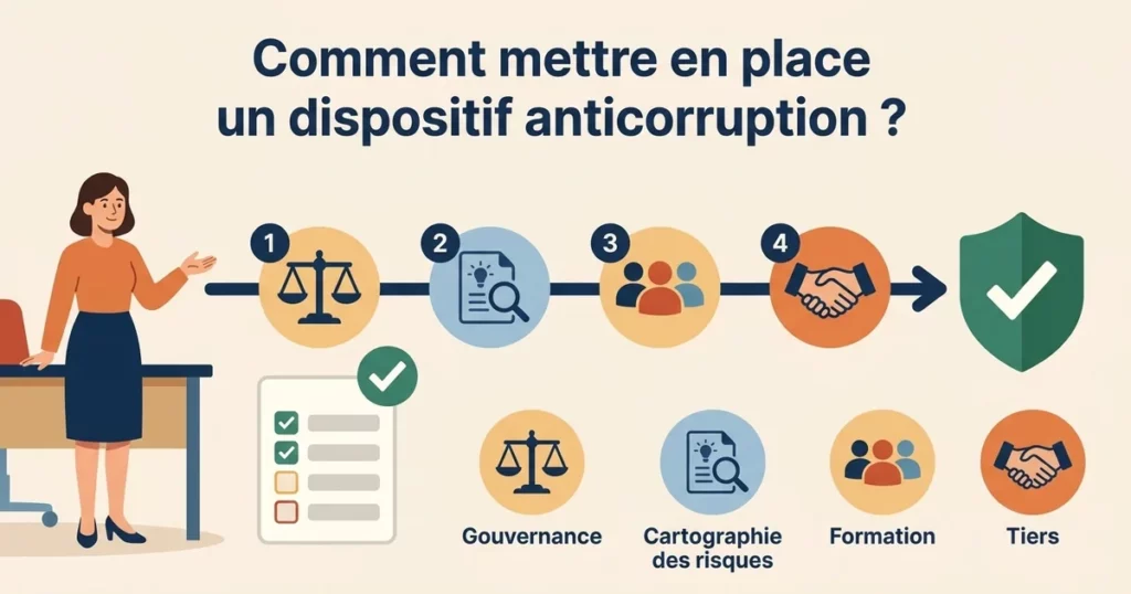 Illustration des étapes clés d'un dispositif anticorruption : gouvernance, cartographie des risques, formation et évaluation des tiers, jusqu'à la conformité validée