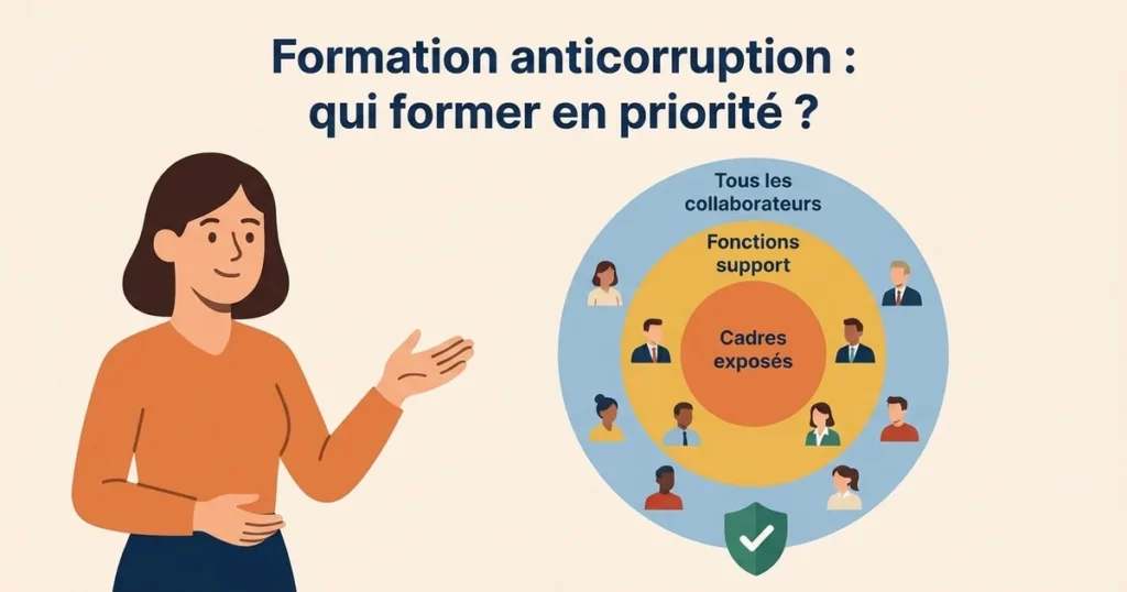 Illustration des trois cercles de priorité de la formation anticorruption : cadres exposés, fonctions support et tous les collaborateurs, avec validation de conformité