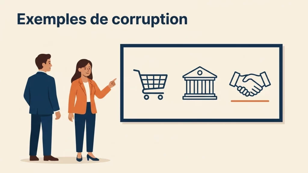 Deux professionnels devant un tableau presentant trois processus a risque : achats, secteur public, relation d'affaires