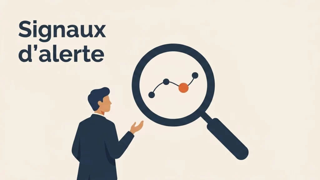 Personne observant une loupe qui fait ressortir un point orange sur une courbe : detection des signaux d'alerte